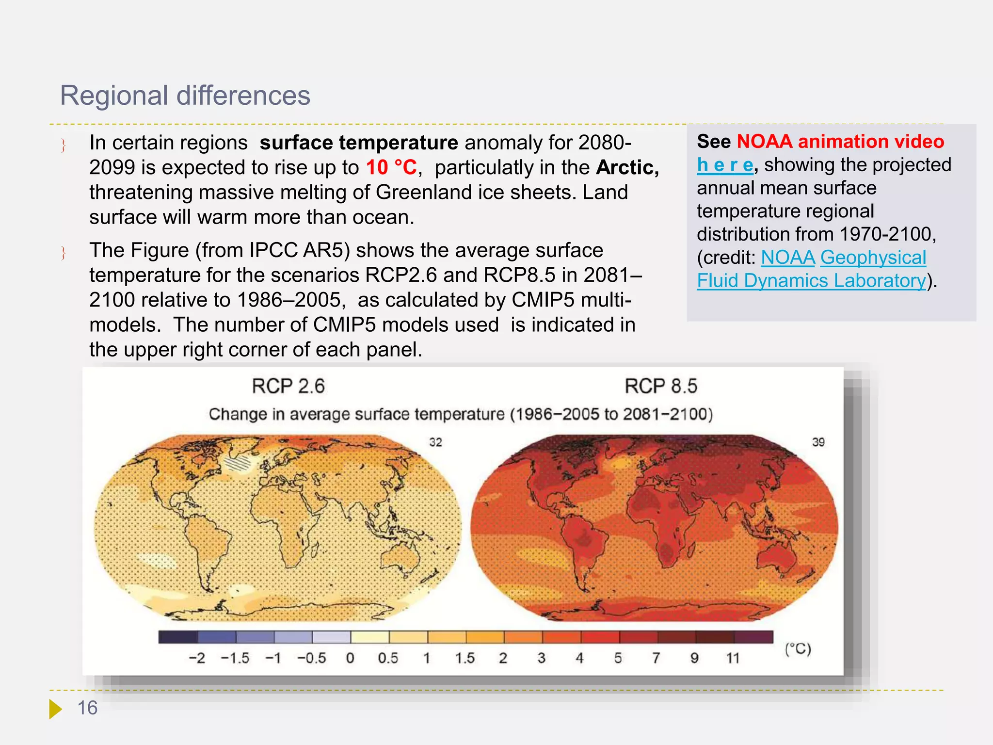 Regional differences
 In certain regions surface temperature anomaly for 2080-
2099 is expected to rise up to 10 °C, particulatly in the Arctic,
threatening massive melting of Greenland ice sheets. Land
surface will warm more than ocean.
 The Figure (from IPCC AR5) shows the average surface
temperature for the scenarios RCP2.6 and RCP8.5 in 2081–
2100 relative to 1986–2005, as calculated by CMIP5 multi-
models. The number of CMIP5 models used is indicated in
the upper right corner of each panel.
See NOAA animation video
h e r e, showing the projected
annual mean surface
temperature regional
distribution from 1970-2100,
(credit: NOAA Geophysical
Fluid Dynamics Laboratory).
16
 