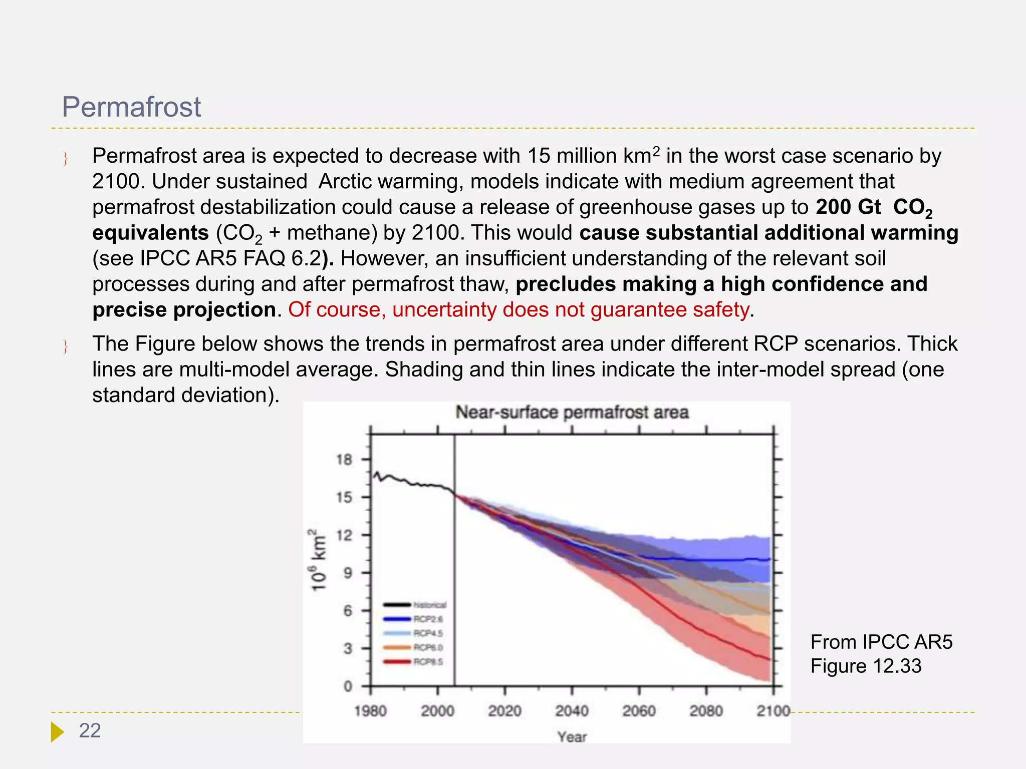 Permafrost
 Permafrost area is expected to decrease with 15 million km2 in the worst case scenario by
2100. Under sustained Arctic warming, models indicate with medium agreement that
permafrost destabilization could cause a release of greenhouse gases up to 200 Gt CO2
equivalents (CO2 + methane) by 2100. This would cause substantial additional warming
(see IPCC AR5 FAQ 6.2). However, an insufficient understanding of the relevant soil
processes during and after permafrost thaw, precludes making a high confidence and
precise projection. Of course, uncertainty does not guarantee safety.
 The Figure below shows the trends in permafrost area under different RCP scenarios. Thick
lines are multi-model average. Shading and thin lines indicate the inter-model spread (one
standard deviation).
From IPCC AR5
Figure 12.33
22
 