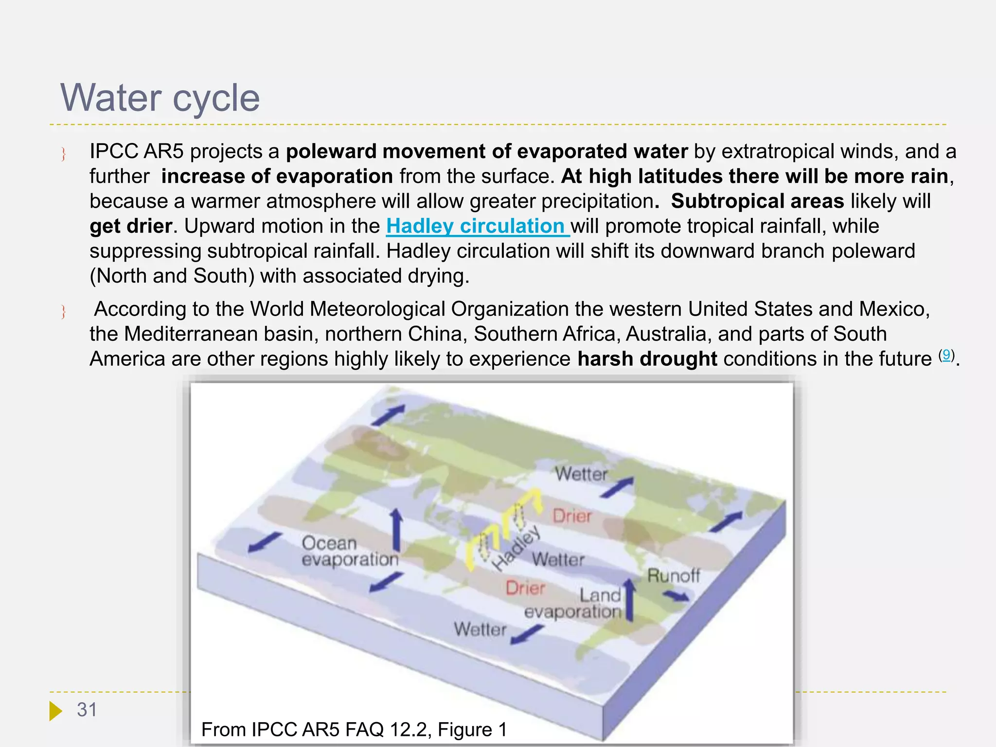 Water cycle
 IPCC AR5 projects a poleward movement of evaporated water by extratropical winds, and a
further increase of evaporation from the surface. At high latitudes there will be more rain,
because a warmer atmosphere will allow greater precipitation. Subtropical areas likely will
get drier. Upward motion in the Hadley circulation will promote tropical rainfall, while
suppressing subtropical rainfall. Hadley circulation will shift its downward branch poleward
(North and South) with associated drying.
 According to the World Meteorological Organization the western United States and Mexico,
the Mediterranean basin, northern China, Southern Africa, Australia, and parts of South
America are other regions highly likely to experience harsh drought conditions in the future (9).
From IPCC AR5 FAQ 12.2, Figure 1
31
 