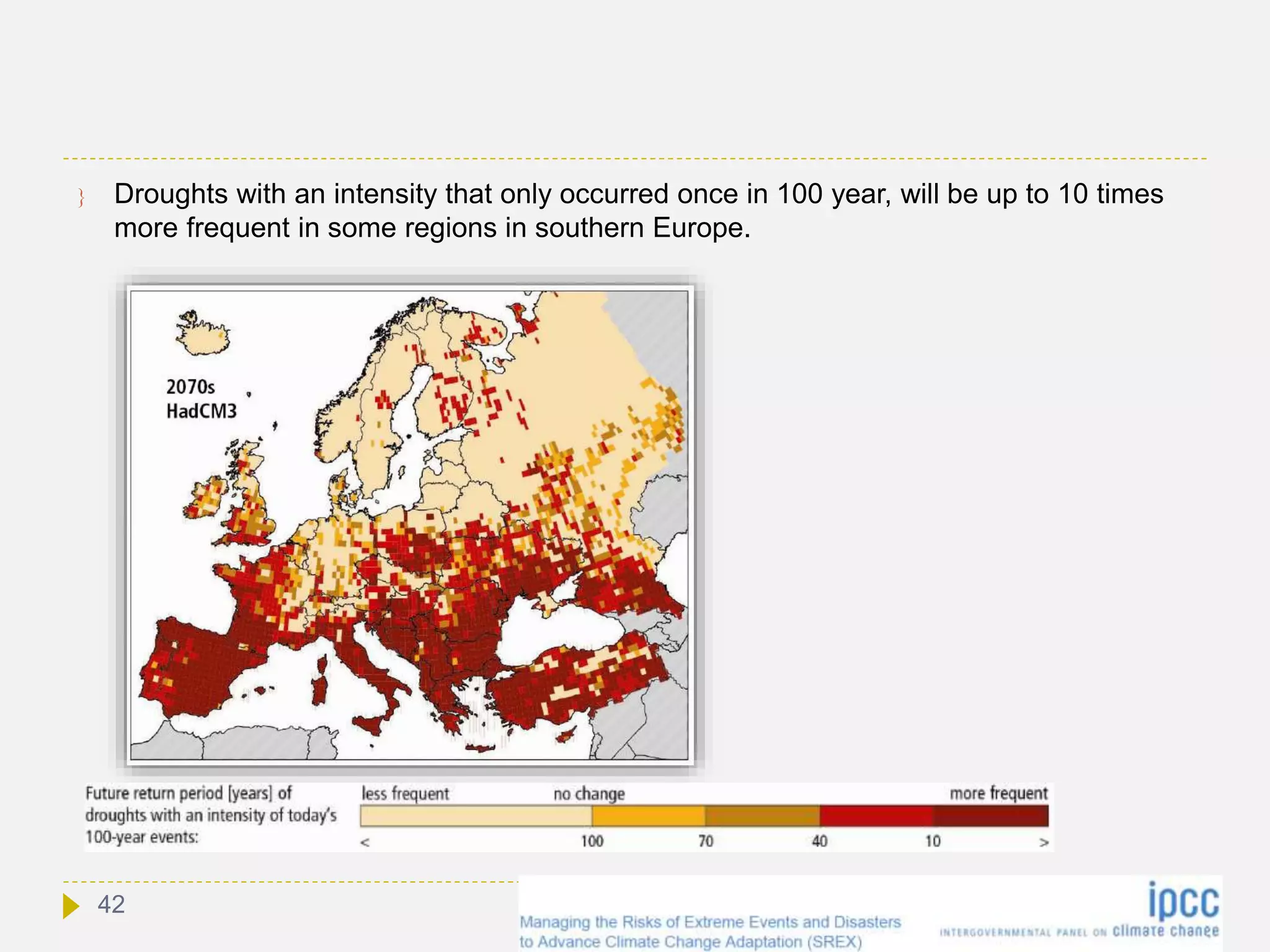  Droughts with an intensity that only occurred once in 100 year, will be up to 10 times
more frequent in some regions in southern Europe.
42
 