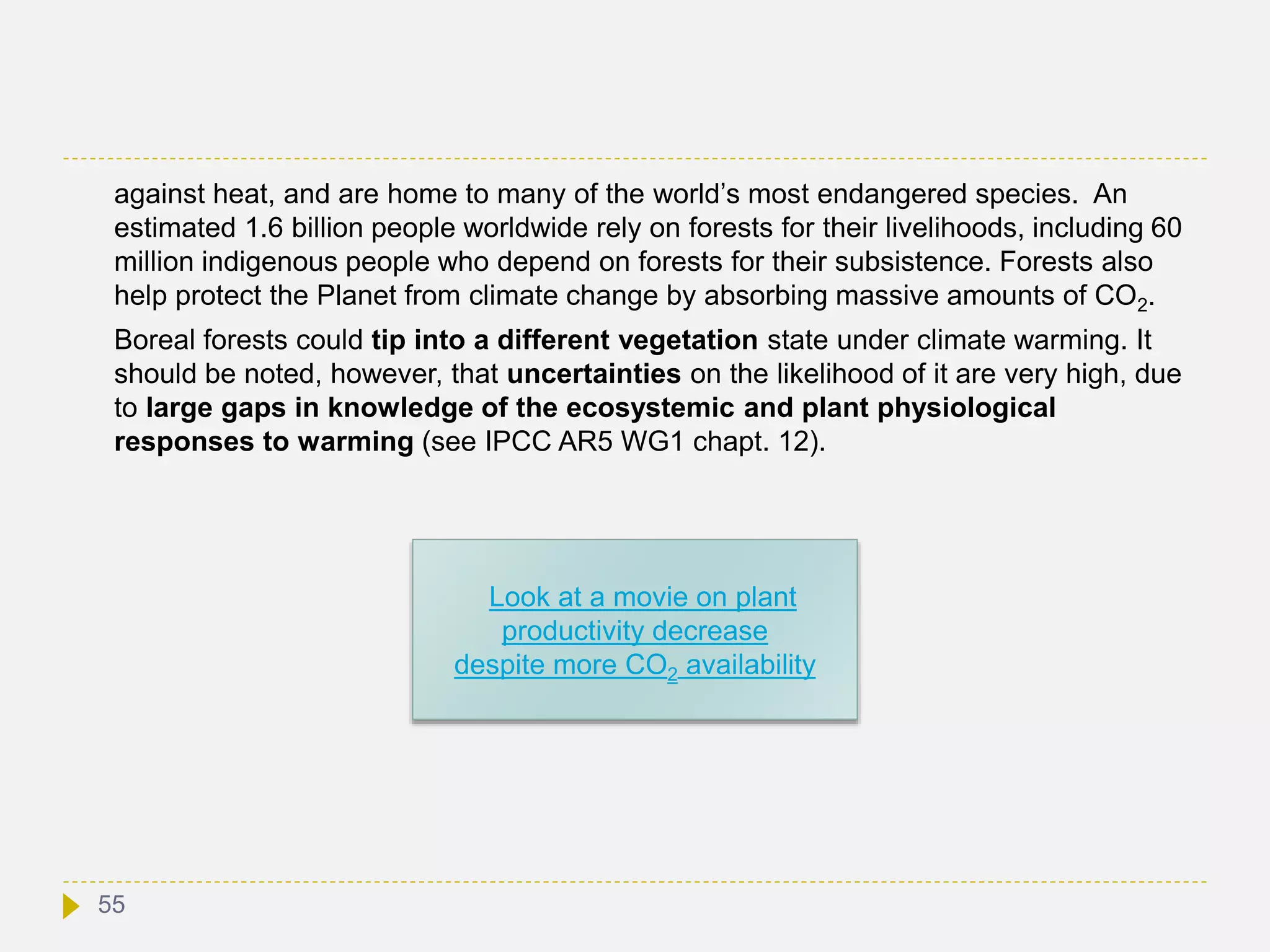 against heat, and are home to many of the world’s most endangered species. An
estimated 1.6 billion people worldwide rely on forests for their livelihoods, including 60
million indigenous people who depend on forests for their subsistence. Forests also
help protect the Planet from climate change by absorbing massive amounts of CO2.
Boreal forests could tip into a different vegetation state under climate warming. It
should be noted, however, that uncertainties on the likelihood of it are very high, due
to large gaps in knowledge of the ecosystemic and plant physiological
responses to warming (see IPCC AR5 WG1 chapt. 12).
55
Look at a movie on plant
productivity decrease
despite more CO2 availability
 