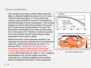 Ocean acidification
 The average pH of ocean surface waters today has
fallen by about 0.1 unit (from about 8.2 to 8.1) since
1765 and will further fall to 7.7 by the end of this
century under the RCP8.5 scenario. To illustrate the
potential damage to life and ecosystems, look at what
happens to human cells during acidosis. The normal
pH in human blood ranges between 7.35 and 7.45.
Irreversible cell damage occurs when pH falls below
6.8 or rises above 7.8. However, it remains uncertain
how much and how fast pH could change to allow
ecosystems in the ocean to adapt.
 Notice that under normal seawater conditions, the
hydrogen ions that are produced from CO2 dissolved in
water will combine with carbonate ion (CO3
2– ) to
produce HCO3
–. Doubling of CO2 levels in the
atmosphere relative to preindustial levels would
reduce carbonate ion concentration from 228 to 144
µmol/kg (IPCC AR5 FAQ 3.2, Table 1). Thus, uptake of
anthropogenic CO2 into the oceans consumes
carbonate ions, lowering availability of the building
blocks of skeletons and shells in marine organisms.

From IPCC AR5 Figure 6.28
28
 