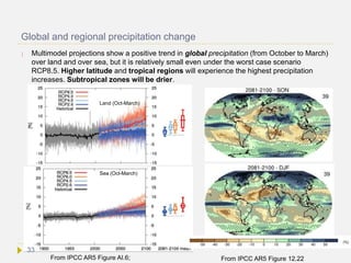 Global and regional precipitation change
 Multimodel projections show a positive trend in global precipitation (from October to March)
over land and over sea, but it is relatively small even under the worst case scenario
RCP8.5. Higher latitude and tropical regions will experience the highest precipitation
increases. Subtropical zones will be drier.
Land (Oct-March)
Sea (Oct-March)
From IPCC AR5 Figure AI.6; From IPCC AR5 Figure 12.22
33
 