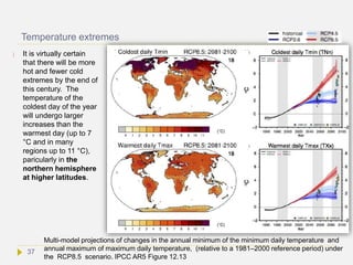Temperature extremes
 It is virtually certain
that there will be more
hot and fewer cold
extremes by the end of
this century. The
temperature of the
coldest day of the year
will undergo larger
increases than the
warmest day (up to 7
°C and in many
regions up to 11 °C),
paricularly in the
northern hemisphere
at higher latitudes.
Multi-model projections of changes in the annual minimum of the minimum daily temperature and
annual maximum of maximum daily temperature, (relative to a 1981–2000 reference period) under
the RCP8.5 scenario. IPCC AR5 Figure 12.13
37
 