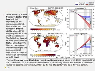 There will be up to 7-25
frost days (below 0°C)
less by 2100,
depending on the
scenario considered.
On the other hand, the
number of tropical
nights (above 20°C)
will go up with 60 in the
worst case scenario.
The fall in frost days will
be more pronounced at
higher latitudes in the
Northen Hemisphere,
while tropical nights will
increase most at
tropical and subtropical
latitudes (in some areas
up to 90 days).
There will be more record high than record cold temperatures. Meehl et al. (2009) calculated that
the current ratio of 2 to 1 for record daily maxima to record daily minima temperatures in the United
States will become approximately 20 to 1 by the mid 21st century and 50 to 1 by late century.
IPCC AR5 Figure 12.13
38
 