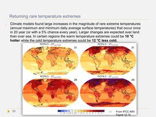 Returning rare temperature extremes
 Climate models found large increases in the magnitude of rare extreme temperatures
(annual maximum and minimum daily average surface temperatures) that occur once
in 20 year (or with a 5% chance every year). Larger changes are expected over land
than over sea. In certain regions the warm temperature extremes could be 10 °C
hotter while the cold temperature extremes could be 12 °C less cold.
From IPCC AR5
Figure 12.14
39
 