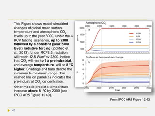  This Figure shows model-simulated
changes of global mean surface
temperature and atmospheric CO2
levels up to the year 3000, under the 4
RCP forcing scenarios, up to 2300
followed by a constant (year 2300
level) radiative forcing (Zickfeld et
al., 2013). Under RCP8.5, radiation
will reach 12.5 W/m2 by 2300. Notice
that CO2 will rise to 7 x preindustrial,
and average temperature will be 8 °C
higher. Shadings and bars denote the
minimum to maximum range. The
dashed line on panel (a) indicates the
pre-industrial CO2 concentration.
 Other models predict a temperature
increase above 8 °C by 2300 (see
IPCC AR5 Figure 12.40).
From IPCC AR5 Figure 12.43
46
 