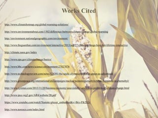 Works Cited
http://www.climatehotmap.org/global-warming-solutions/
http://www.environmentabout.com/1502/difference-between-climate-change-global-warming
http://environment.nationalgeographic.com/environment/
http://www.theguardian.com/environment/interactive/2013/sep/27/climate-change-how-hot-lifetime-interactive
http://climate.nasa.gov/index
http://www.epa.gov/climatechange/basics/
http://www.bbc.com/news/science-environment-27027876
http://www.technologyreview.com/news/524391/the-sochi-olympics-arent-as-green-as-advertised/
http://www.greenpeace.org/international/en/campaigns/nuclear/nomorechernobyls/what-happened-in-chernobyl/
http://www.nytimes.com/2013/11/20/business/economy/unavoidable-answer-to-problem-of-climate-change.html
http://www.ipcc-wg2.gov/AR4/website/20.pdf
https://www.youtube.com/watch?feature=player_embedded&v=Bry-Flk2S2c
http://www.noresco.com/index.html
 
