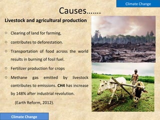 Causes…….
Livestock and agricultural production
o Clearing of land for farming,
o contributes to deforestation.
o Transportation of food across the world
results in burning of fosil fuel.
o Fertilizer production for crops
o Methane gas emitted by livestock
contributes to emissions. CH4 has increase
by 148% after industrial revolution.
(Earth Reform, 2012).
Climate Change
Climate Change
 