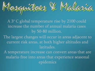 A 3° C global temperature rise by 2100 could
  increase the number of annual malaria cases
                by 50-80 million.
The largest changes will occur in areas adjacent to
 current risk areas, at both higher altitudes and
                     latitudes.
A temperature increase can convert areas that are
 malaria-free into areas that experience seasonal
                    epidemics
 
