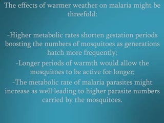 The effects of warmer weather on malaria might be
                    threefold:

 -Higher metabolic rates shorten gestation periods
boosting the numbers of mosquitoes as generations
               hatch more frequently;
   -Longer periods of warmth would allow the
        mosquitoes to be active for longer;
  -The metabolic rate of malaria parasites might
increase as well leading to higher parasite numbers
             carried by the mosquitoes.
 