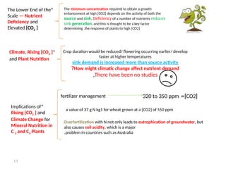 11
*
The Lower End of the
Scale — Nutrient
Deficiency and
Elevated [CO2 ]
The minimum concentration required to obtain a growth
enhancement at high [CO2] depends on the activity of both the
source and sink, Deficiency of a number of nutrients reduces
sink generation, and this is thought to be a key factor
determining .the response of plants to high [CO2]
*
Climate, Rising [CO2 ]
and Plant Nutrition
Crop duration would be reduced/ flowering occurring earlier/ develop
faster at higher temperatures
sink demand is increased more than source activity
How might climatic change affect nutrient demand
?
There have been no studies
,
*
Implications of
Rising [CO2 ] and
Climate Change for
Mineral Nutrition in
C 3 and C4 Plants
fertilizer management [
CO2
=]
320 to 350 ppm
a value of 37 g N kg1 for wheat grown at a [CO2] of 550 ppm
Overfertilization with N not only leads to eutrophication of groundwater, but
also causes soil acidity, which is a major
problem in countries such as Australia
.
 
