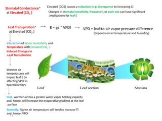 13
*
Stomatal Conductance
at Elevated [CO2 ]
Elevated [CO2] causes a reduction in gs in response to increasing Ci
Changes in stomatal sensitivity, frequency, or pore size can have significant
implications for leaf E
.
*
Leaf Transpiration
at Elevated [CO2 ]
-
Interaction of Water Availability and
Temperature with Elevated [CO2 ]-
Induced Changes in
Leaf Transpiration
.
E = gs * VPDl VPD = leaf-to-air vapor pressure difference
(
depends on air temperature and humidity
)
Warmer air
temperatures will
impact leaf E by
affecting VPDl in
two main ways
First, warmer air has a greater water vapor holding capacity
and, hence, will increase the evaporative gradient at the leaf
surface
.
Secondly, higher air temperature will tend to increase Tl
and, hence, VPDl
 