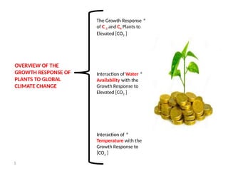3
OVERVIEW OF THE
GROWTH RESPONSE OF
PLANTS TO GLOBAL
CLIMATE CHANGE
*
The Growth Response
of C 3 and C4 Plants to
Elevated [CO2 ]
*
Interaction of Water
Availability with the
Growth Response to
Elevated [CO2 ]
*
Interaction of
Temperature with the
Growth Response to
[CO2 ]
 