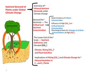7
Nutrient Demand of
Plants under Global
Climate Change
*
Overview of
Mineral Nutrient
Demands under
Climate Change
*
Demand for
Nutrients — The
Critical Leaf
Nutrient
Concentration
-
Determination of Critical
Concentration
-
Influence of High [CO2 ] on
Critical Nutrient
Concentration
-
Physiological Basis for Changes in Critical
Concentrations at High [CO2 ]
*
The Lower End of the
Scale — Nutrient
Deficiency and
Elevated [CO2 ]
*
Climate, Rising [CO2 ]
and Plant Nutrition
*
Implications of Rising [CO2 ] and Climate Change for
Mineral Nutrition in
C 3 and C4 Plants
 