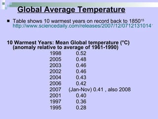 Global Average Temperature Table shows 10 warmest years on record back to 1850 15   http://www.sciencedaily.com/releases/2007/12/071213101419.htm   10 Warmest Years: Mean Global temperature (°C) (anomaly relative to average of 1961-1990)   1998  0.52  2005  0.48  2003  0.46  2002  0.46  2004  0.43  2006  0.42  2007  (Jan-Nov) 0.41 , also 2008 2001  0.40  1997  0.36  1995  0.28  