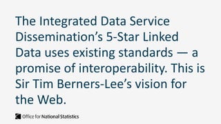 The Integrated Data Service
Dissemination’s 5-Star Linked
Data uses existing standards — a
promise of interoperability. Th...