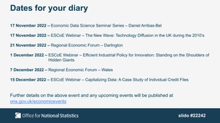 Dates for your diary
17 November 2022 – Economic Data Science Seminar Series – Daniel Arribas-Bel
17 November 2022 – ESCoE...
