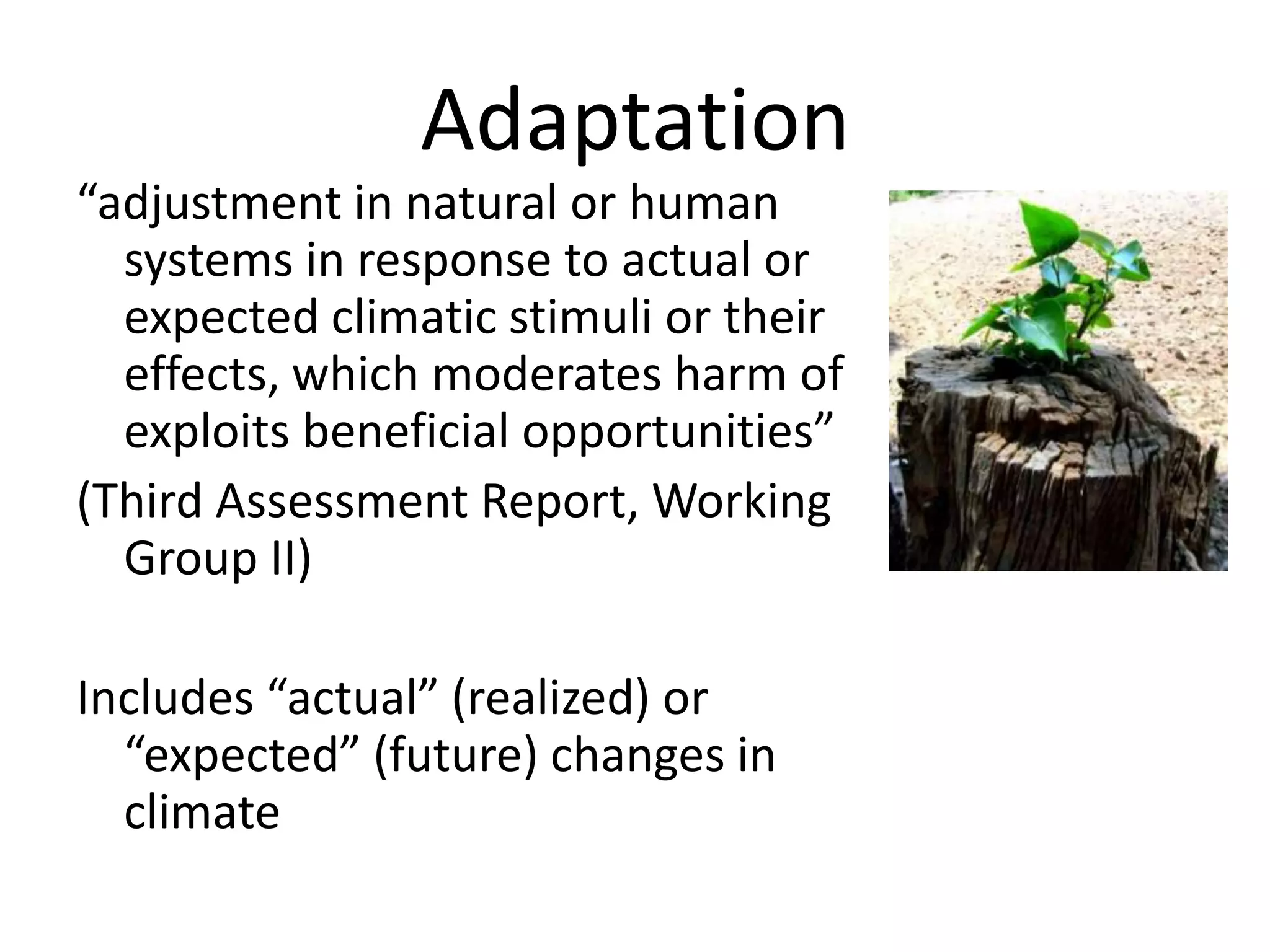 Adaptation
“adjustment in natural or human
  systems in response to actual or
  expected climatic stimuli or their
  effects, which moderates harm of
  exploits beneficial opportunities”
(Third Assessment Report, Working
  Group II)

Includes “actual” (realized) or
  “expected” (future) changes in
  climate
 