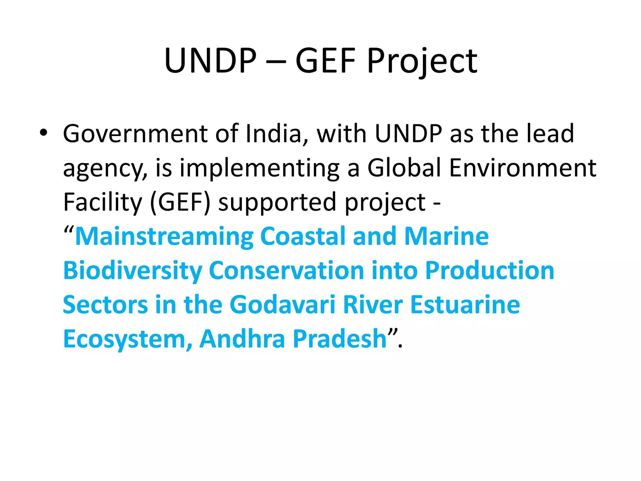 UNDP – GEF Project
• Government of India, with UNDP as the lead
  agency, is implementing a Global Environment
  Facility (GEF) supported project -
  “Mainstreaming Coastal and Marine
  Biodiversity Conservation into Production
  Sectors in the Godavari River Estuarine
  Ecosystem, Andhra Pradesh”.
 