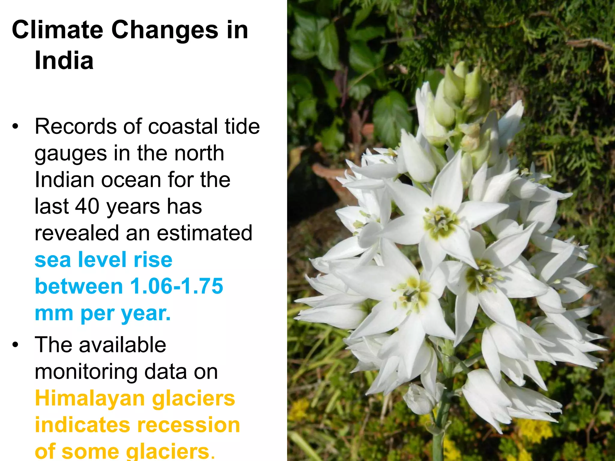 Climate Changes in
  India

• Records of coastal tide
  gauges in the north
  Indian ocean for the
  last 40 years has
  revealed an estimated
  sea level rise
  between 1.06-1.75
  mm per year.
• The available
  monitoring data on
  Himalayan glaciers
  indicates recession
                            6
  of some glaciers.
 