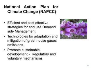 National Action Plan for
 Climate Change (NAPCC)

• Efficient and cost effective
  strategies for end use Demand
  side Management.
• Technologies for adaptation and
  mitigation of greenhouse gases
  emissions.
• Promote sustainable
  development - Regulatory and
  voluntary mechanisms
                                    10
 