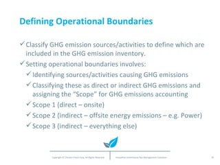 Defining Operational Boundaries Classify GHG emission sources/activities to define which are included in the GHG emission inventory. Setting operational boundaries involves: Identifying sources/activities causing GHG emissions Classifying these as direct or indirect GHG emissions and assigning the “Scope” for GHG emissions accounting Scope 1 (direct – onsite) Scope 2 (indirect – offsite energy emissions – e.g. Power) Scope 3 (indirect – everything else) 