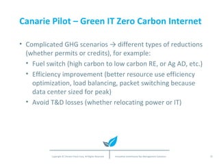 Canarie Pilot – Green IT Zero Carbon Internet Complicated GHG scenarios -> different types of reductions (whether permits or credits), for example: Fuel switch (high carbon to low carbon RE, or Ag AD, etc.) Efficiency improvement (better resource use efficiency optimization, load balancing, packet switching because data center sized for peak) Avoid T&D losses (whether relocating power or IT) 