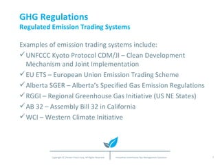 GHG Regulations Regulated Emission Trading Systems Examples of emission trading systems include: UNFCCC Kyoto Protocol CDM/JI – Clean Development Mechanism and Joint Implementation EU ETS – European Union Emission Trading Scheme Alberta SGER – Alberta’s Specified Gas Emission Regulations RGGI – Regional Greenhouse Gas Initiative (US NE States) AB 32 – Assembly Bill 32 in California WCI – Western Climate Initiative 