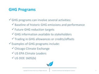 GHG Programs GHG programs can involve several activities: Baseline of historic GHG emissions and performance Future GHG reduction targets GHG information available to stakeholders Trading in GHG allowances or credits/offsets Examples of GHG programs include: Chicago Climate Exchange US EPA Climate Leaders US DOE 1605(b) 