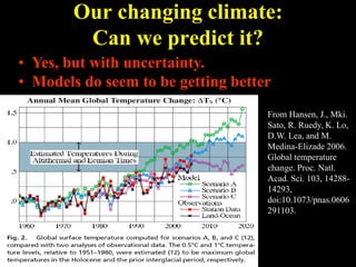 Our changing climate:
Can we predict it?
• Yes, but with uncertainty.
• Models do seem to be getting better
From Hansen, J., Mki.
Sato, R. Ruedy, K. Lo,
D.W. Lea, and M.
Medina-Elizade 2006.
Global temperature
change. Proc. Natl.
Acad. Sci. 103, 14288-
14293,
doi:10.1073/pnas.0606
291103.
 