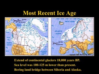 Most Recent Ice Age
Extend of continental glaciers 18,000 years BP.
Sea level was 100-125 m lower than present.
Bering land bridge between Siberia and Alaska.
Aguado and Burt, Fig 16-4
 