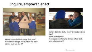 Paula Owens 2021
11
Enquire, empower, enact
Why are their habitats being destroyed?
How can we design and build an owl box?
Where shall we site it?
Where do Little Owls/ Tawny Owls /Barn Owls
live?
What do they eat?
How does weather and climate affect Owls
and other animals?
 