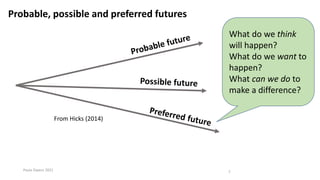 From Hicks (2014)
Probable, possible and preferred futures
Paula Owens 2021 7
What do we think
will happen?
What do we want to
happen?
What can we do to
make a difference?
 
