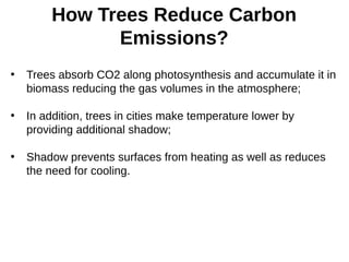 How Trees Reduce Carbon
Emissions?
• Trees absorb CO2 along photosynthesis and accumulate it in
biomass reducing the gas volumes in the atmosphere;
• In addition, trees in cities make temperature lower by
providing additional shadow;
• Shadow prevents surfaces from heating as well as reduces
the need for cooling.
 
