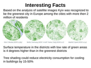Interesting Facts
Based on the analysis of satellite images Kyiv was recognized to
be the greenest city in Europe among the cities with more then 2
million of residents
Surface temperature in the districts with low rate of green areas
is 4 degrees higher than in the greenest districts
Tree shading could reduce electricity consumption for cooling
in buildings by 15-50%
 
