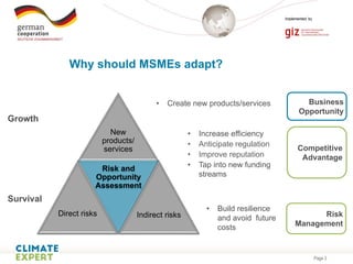 Page 3
Why should MSMEs adapt?
• Build resilience
and avoid future
costs
• Create new products/services
New
products/
services
Direct risks
Risk and
Opportunity
Assessment
Indirect risks
Growth
Survival
• Increase efficiency
• Anticipate regulation
• Improve reputation
• Tap into new funding
streams
Risk
Management
Competitive
Advantage
Business
Opportunity
 