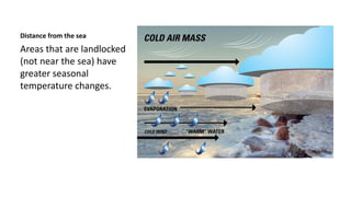 Distance from the sea 
Areas that are landlocked 
(not near the sea) have 
greater seasonal 
temperature changes. 
 