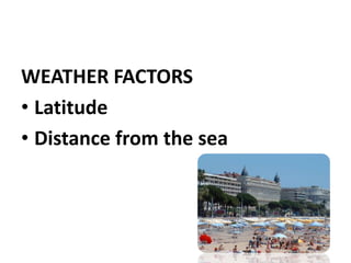 WEATHER FACTORS
• Latitude
• Distance from the sea
 