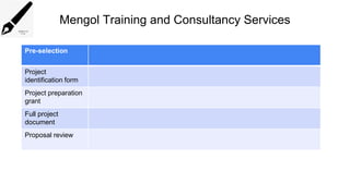 Mengol Training and Consultancy Services
Pre-selection
Project
identification form
Project preparation
grant
Full project
document
Proposal review
 