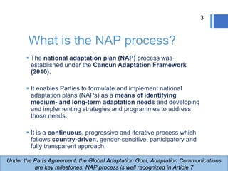 What is the NAP process?
 The national adaptation plan (NAP) process was
established under the Cancun Adaptation Framework
(2010).
 It enables Parties to formulate and implement national
adaptation plans (NAPs) as a means of identifying
medium- and long-term adaptation needs and developing
and implementing strategies and programmes to address
those needs.
 It is a continuous, progressive and iterative process which
follows country-driven, gender-sensitive, participatory and
fully transparent approach.
3
Under the Paris Agreement, the Global Adaptation Goal, Adaptation Communications
are key milestones. NAP process is well recognized in Article 7
 