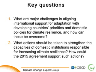 Key questions 
1. What are major challenges in aligning 
international support for adaptation with 
developing countries’ priorities and domestic 
policies for climate resilience, and how can 
these be overcome? 
2. What actions should be taken to strengthen the 
capacities of domestic institutions responsible 
for increasing climate resilience? How could 
the 2015 agreement support such actions? 
1 Climate Change Expert Group 
 