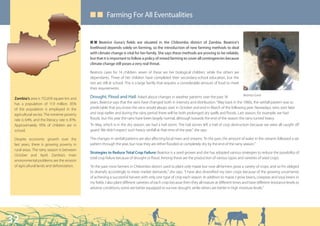 ■ ■ Farming For All Eventualities


                                              Q Q Beatrice Gona’s fields are situated in the Chibombo district of Zambia. Beatrice’s
                                              livelihood depends solely on farming, so the introduction of new farming methods to deal
                                              with climate change is vital for her family. She says these methods are proving to be reliable,
                                              but that it is important to follow a policy of mixed farming to cover all contingencies because
                                              climate change still poses a very real threat.

                                              Beatrice cares for 14 children: seven of these are her biological children, while the others are
                                              dependants. Three of her children have completed their secondary-school education, but the
                                              rest are still at school. This is a large family that requires a considerable amount of food to meet
                                              their requirements.
                                                                                                                                                       Beatrice Gona
 Zambia’s area is 752,618 square km and       Drought, Flood and Hail: Asked about changes in weather patterns over the past 16
 has a population of 11.9 million. 85%        years, Beatrice says that the rains have changed both in intensity and distribution: “Way back in the 1980s, the rainfall pattern was so
 of the population is employed in the         predictable that you knew the rains would always start in October and end in March of the following year. Nowadays, rains start later
 agricultural sector. The extreme poverty     and stop earlier and during the rainy period there will be both prolonged dry spells and floods. Last season, for example, we had
 rate is 64%, and the literacy rate is 81%.   floods, but this year the rains have been largely normal, although towards the end of the season the rains turned heavy.
 Approximately 95% of children are in         “In May, which is in the dry season, we had a hail storm. The hail stones left a trail of crop destruction because we were all caught off
 school.                                      guard. We didn’t expect such heavy rainfall at that time of the year,” she says.

 Despite economic growth over the             The changes in rainfall patterns are also affecting local rivers and streams: “In the past, the amount of water in the streams followed a set
 last years, there is growing poverty in      pattern through the year, but now they are either flooded or completely dry by the end of the rainy season.”
 rural areas. The rainy season is between
                                              Strategies to Reduce Total Crop Failure: Beatrice is a seed grower and she has adopted various strategies to reduce the possibility of
 October and April. Zambia’s main
                                              total crop failure because of drought or flood. Among these are the production of various types and varieties of seed crops.
 environmental problems are the erosion
 of agricultural lands and deforestation.     “In the past most farmers in Chibombo district used to plant only maize but now all farmers grow a variety of crops, and so I’m obliged
                                              to diversify accordingly to meet market demands,” she says. “I have also diversified my own crops because of the growing uncertainty
                                              of achieving a successful harvest with only one type of crop each season. In addition to maize, I grow beans, cowpeas and soya beans in
                                              my fields. I also plant different varieties of each crop because then they all mature at different times and have different resistance levels to
                                              adverse conditions; some are better equipped to survive drought, while others are better in high moisture levels.”




32
 