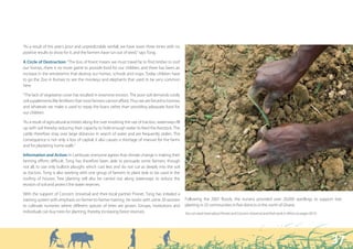 “ We have sown three times with no positive results to show for it, and the farmers have run out of seed.”




“As a result of this year’s poor and unpredictable rainfall, we have sown three times with no
positive results to show for it, and the farmers have run out of seed,” says Tong.

A Circle of Destruction: “The loss of forest means we must travel far to find timber to roof
our homes, there is no more game to provide food for our children, and there has been an
increase in the windstorms that destroy our homes, schools and crops. Today children have
to go the Zoo in Kumasi to see the monkeys and elephants that used to be very common
here.

“The lack of vegetative cover has resulted in extensive erosion. The poor soil demands costly
soil supplements like fertilisers that most farmers cannot afford. Thus we are forced to borrow,
and whatever we make is used to repay the loans rather than providing adequate food for
our children.

“As a result of agricultural activities along the river involving the use of tractors, waterways fill
up with soil thereby reducing their capacity to hold enough water to feed the livestock. The
cattle therefore stray over large distances in search of water and are frequently stolen. The
consequence is not only a loss of capital; it also causes a shortage of manure for the farms
and for plastering home walls.”

Information and Action: In Lambusie, everyone agrees that climate change is making their
farming efforts difficult. Tong has therefore been able to persuade some farmers, though
not all, to use only bullock ploughs which cost less and do not cut as deeply into the soil
as tractors. Tong is also working with one group of farmers to plant teak to be used in the
roofing of houses. Tree planting will also be carried out along waterways to reduce the
erosion of soil and protect the water reserves.

With the support of Concern Universal and their local partner Pronet, Tong has initiated a
training system with emphasis on farmer-to-farmer training. He works with some 20 women                 Following the 2007 floods, the nursery provided over 20,000 seedlings to support tree
to cultivate nurseries where different species of trees are grown. Groups, institutions and             planting in 25 communities in five districts in the north of Ghana.
individuals can buy trees for planting, thereby increasing forest reserves.                             You can read more about Pronet and Concern Universal and their work in Africa on pages 50-51.




                                                                                                                                                                                                        37
 