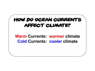 How do ocean currents
   affect climate?

Warm Currents: warmer climate
 Cold Currents: cooler climate
 