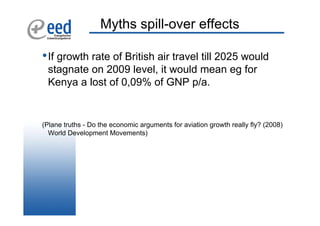 Myths spill-over effects

• If growth rate of British air travel till 2025 would
 stagnate on 2009 level, it would mean eg for
 Kenya a lost of 0,09% of GNP p/a.


(Plane truths - Do the economic arguments for aviation growth really fly? (2008)
  World Development Movements)
 