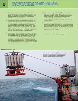 OUR UNDERSTANDING OF THE CLIMATE SYSTEM IS

   5                IMPROvED THROUGH ObSERvATIONS, THEORETICAL
                    STUDIES, AND MODELING.




         A. The components and processes of Earth’s climate              D. Our understanding of climate differs in important
             system are subject to the same physical laws as the            ways from our understanding of weather. Climate
             rest of the Universe. Therefore, the behavior of the           scientists’ ability to predict climate patterns months,
             climate system can be understood and predicted                 years, or decades into the future is constrained
             through careful, systematic study.                             by different limitations than those faced by
                                                                            meteorologists in forecasting weather days to weeks
         B. Environmental observations are the foundation for               into the future.1
             understanding the climate system. From the bottom
             of the ocean to the surface of the Sun, instruments         E. Scientists have conducted extensive research on the
             on weather stations, buoys, satellites, and other              fundamental characteristics of the climate system and
             platforms collect climate data. To learn about past            their understanding will continue to improve. Current
             climates, scientists use natural records, such as tree         climate change projections are reliable enough to help
             rings, ice cores, and sedimentary layers. Historical           humans evaluate potential decisions and actions in
             observations, such as native knowledge and personal            response to climate change.
             journals, also document past climate change.

         C. Observations, experiments, and theory are used to               1. Based on “Climate Change: An Information Statement
             construct and refine computer models that represent               of the American Meteorological Society,” 2007
             the climate system and make predictions about its
             future behavior. Results from these models lead to
             better understanding of the linkages between the
             atmosphere-ocean system and climate conditions
             and inspire more observations and experiments. Over
             time, this iterative process will result in more reliable
             projections of future climate conditions.




Source: B. Longworth © 2008


                                                                           A rosette device containing 36 seawater samples
                                                                           is retrieved in the Southern Ocean. Seawater
                                                                           samples from various depths are analyzed
                                                                           to measure the ocean’s carbon balance.
 