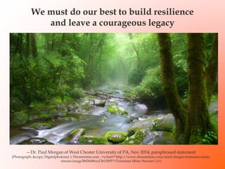 We must do our best to build resilience
and leave a courageous legacy
-- Dr. Paul Morgan of West Chester University of PA, Nov 2014, paraphrased statement
(Photograph: &copy; Digitalphotonut | Dreamstime.com - <a href="http://www.dreamstime.com/stock-images-tennessee-misty-
stream-image384564#res13611895">Tennessee Misty Stream</a>)
 