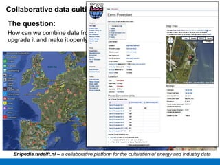 Collaborative data cultivation
The question:
How can we combine data from different sources, collaboratively
upgrade it and make it openly available?




  Enipedia.tudelft.nl – a collaborative platform for the cultivation of energy and industry data
 