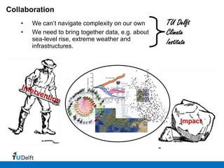 Collaboration
   •   We can’t navigate complexity on our own      TU Delft
   •   We need to bring together data, e.g. about   Climate
       sea-level rise, extreme weather and
       infrastructures.
                                                    Institute
 